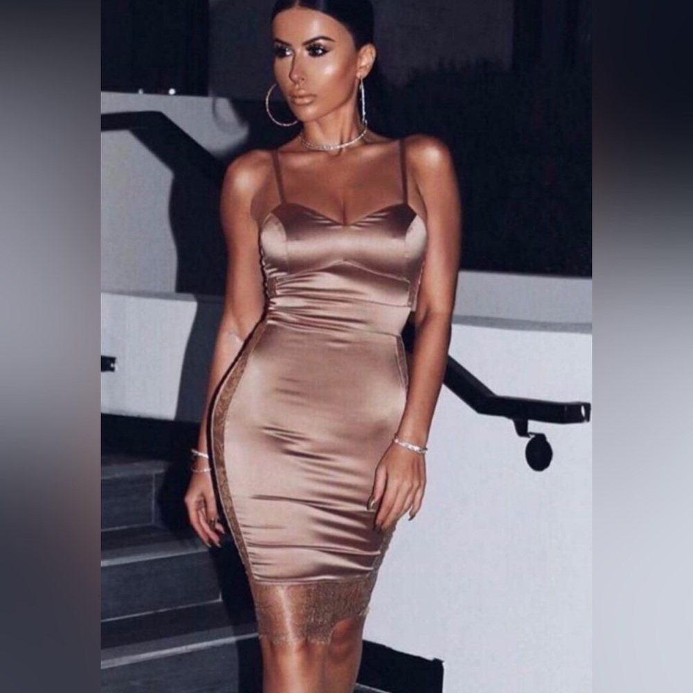 Oh Polly Satin Midi Dress in Bronze